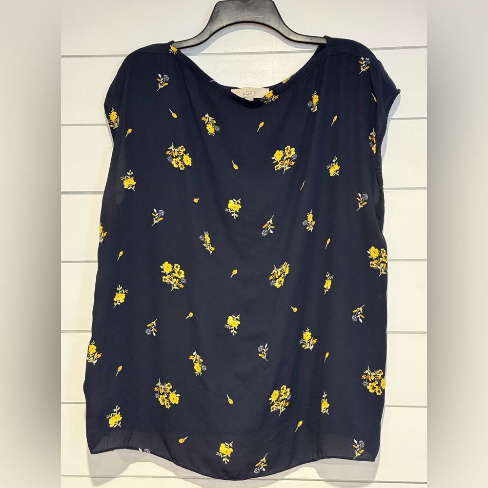 LOFT Floral Navy Blue with Yellow Flowers Blouse size X-Large (013)